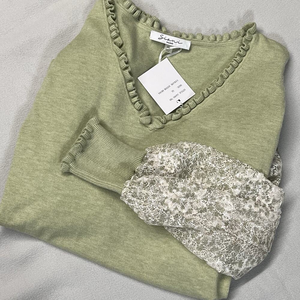 Sioni Top Blouse Lace Cobweb Sleeves Women XL Sage Green NEW Ruffle V Neck